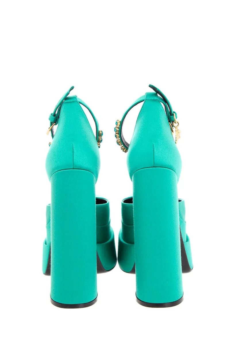 Versace Turquoise Satin Sandal Heel SZ 36.5