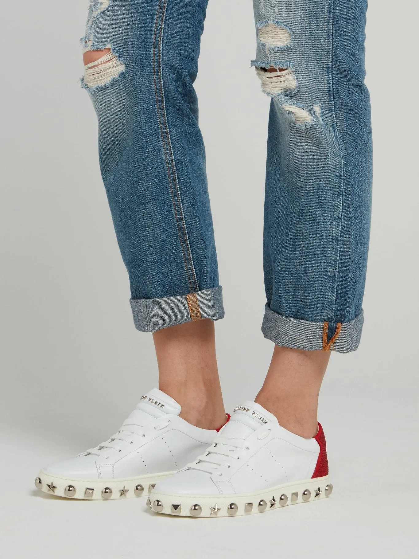 White Embellished Sole Perforated Sneakers