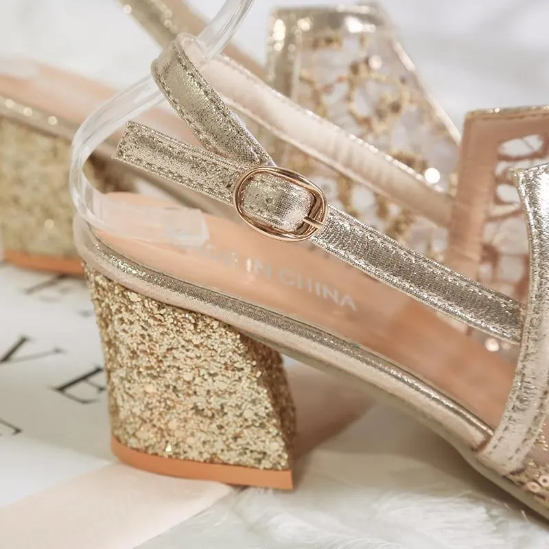 Woman Sandals Gold Open Toe Sandal Lace Dress Shoes