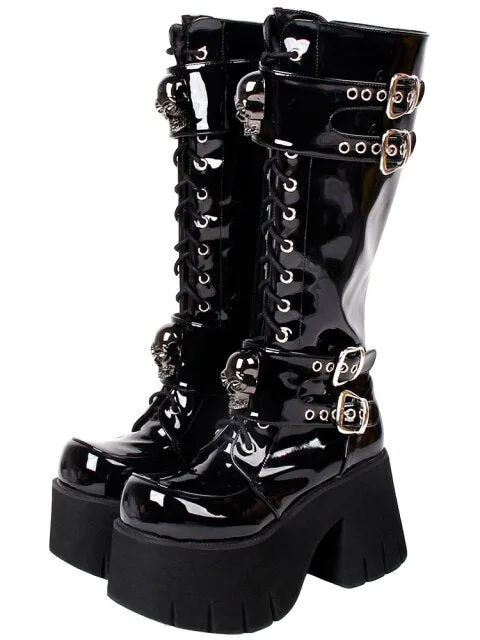 Women motorcycle cool punk boots wedges platform shoes