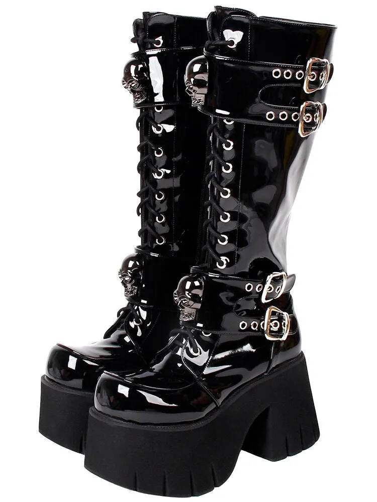 Women motorcycle cool punk boots wedges platform shoes
