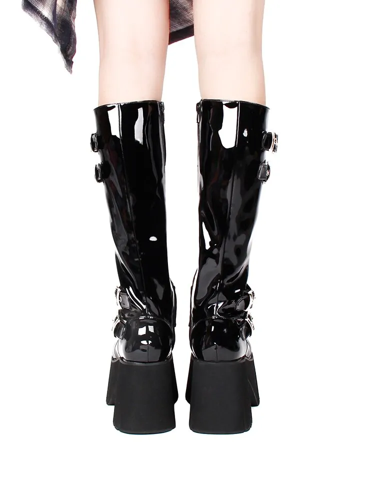 Women motorcycle cool punk boots wedges platform shoes