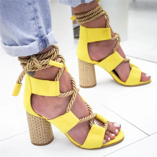 Women Sandals Hemp Heel Pointed Fish Mouth Sandals