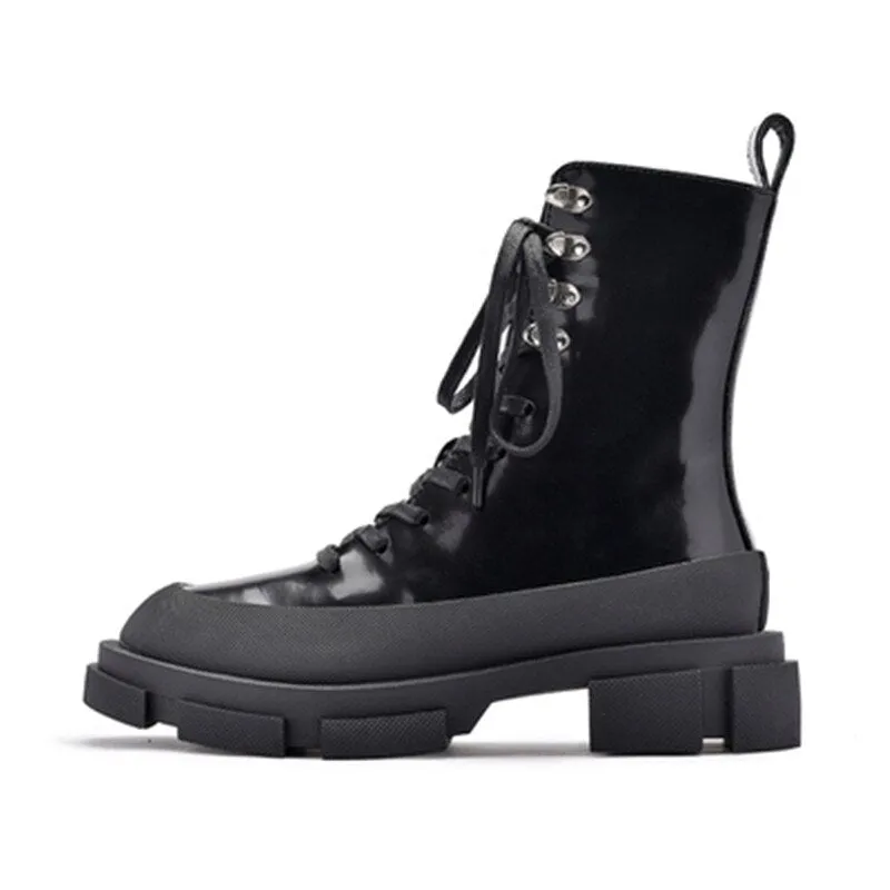 Women Thick Heel Creepers Riding Boots Lace Up