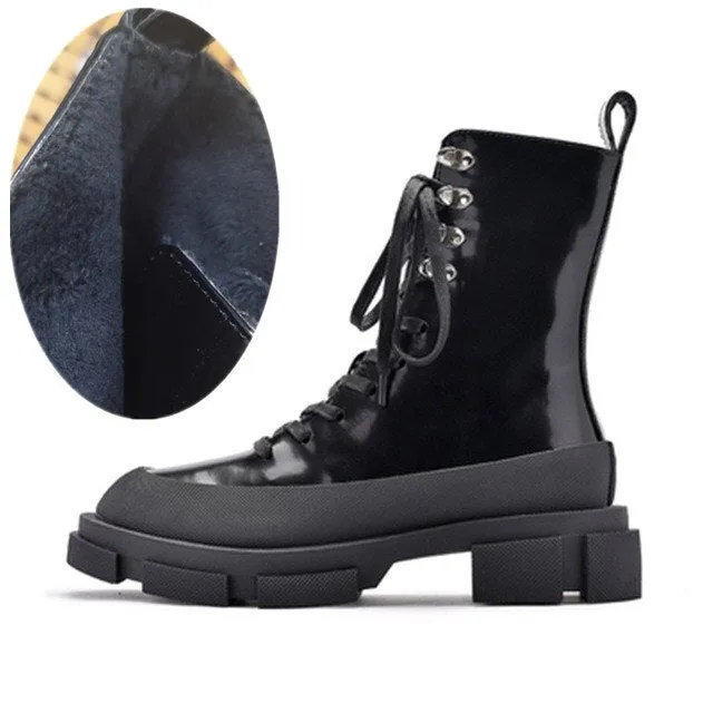 Women Thick Heel Creepers Riding Boots Lace Up