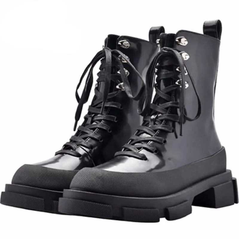 Women Thick Heel Creepers Riding Boots Lace Up
