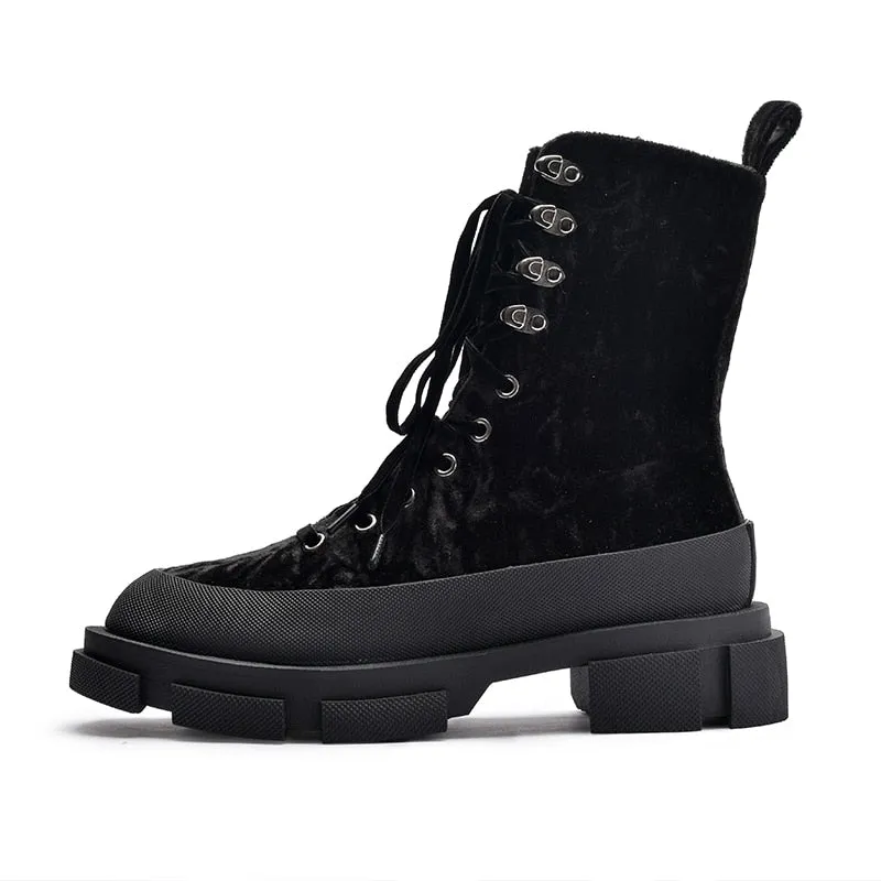 Women Thick Heel Creepers Riding Boots Lace Up