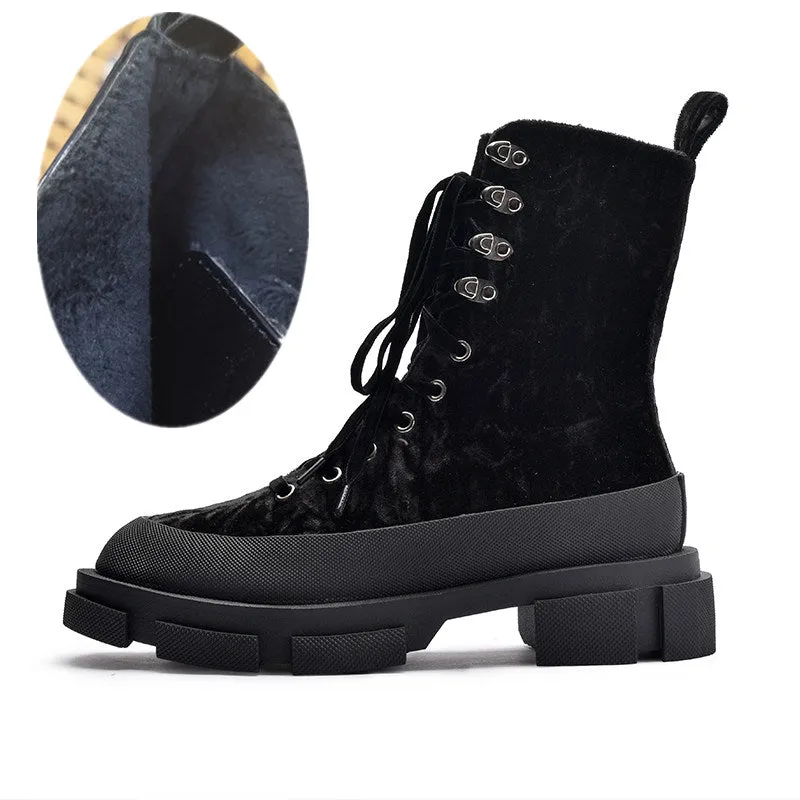 Women Thick Heel Creepers Riding Boots Lace Up